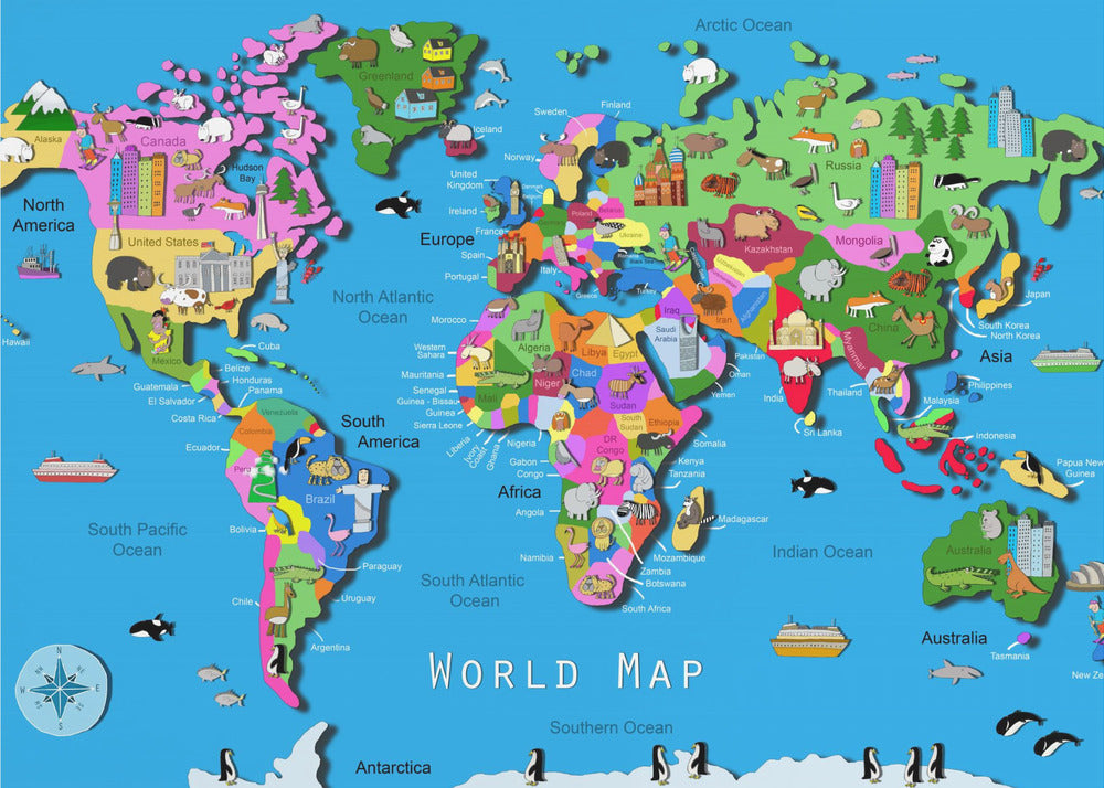Mapa mundial ilustrado con países y continentes por Carla Daly | Impresiones en Lienzo