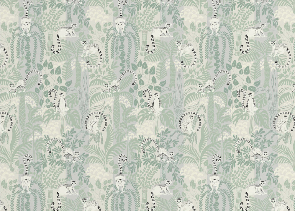 Patrón de aventura en la jungla, suave color verde salvia | Papel Pintado Fotográfico