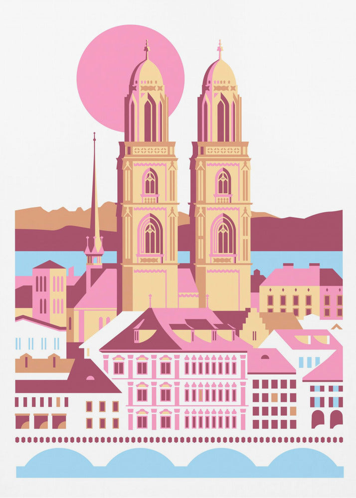 Ciudad de Zúrich, Suiza. Montañas suizas de verano. Ilustración de la ciudad. Vintage. Posters - Impresiones de Arte | Impresiones en Lienzo