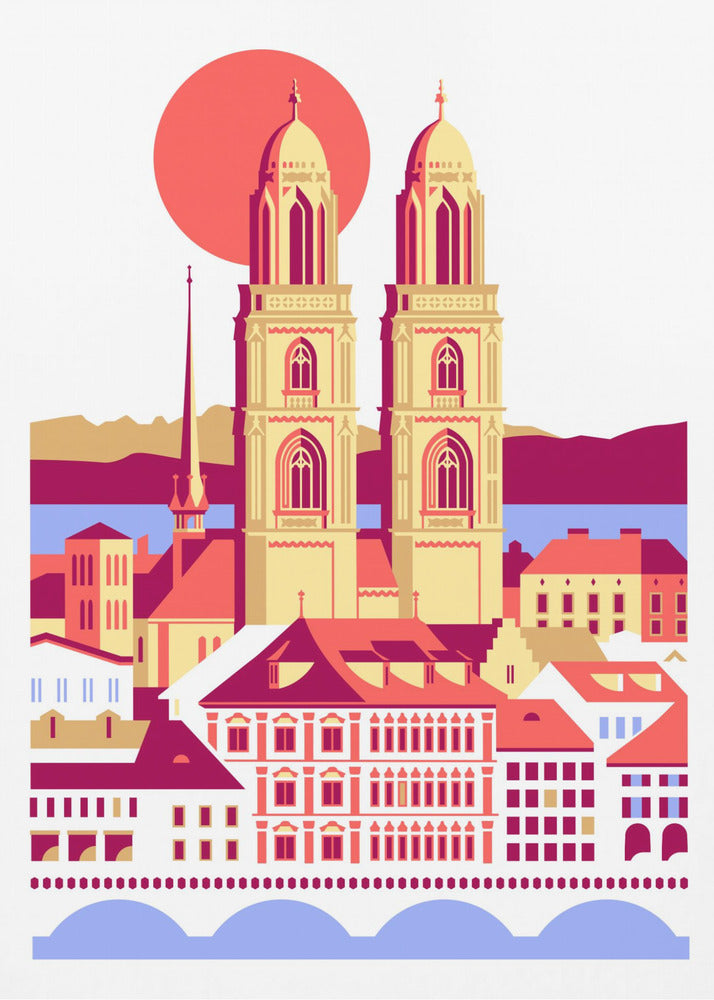Ciudad de Zúrich, Suiza. Montañas suizas de verano. Ilustración de la ciudad. Vintage. Posters - Impresiones de Arte | Impresiones en Lienzo