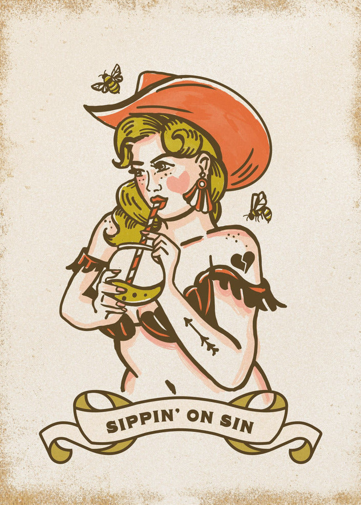 Sippin On Sin Słodka i zadziorna sztuka kowbojki | Wydruki na łótnie