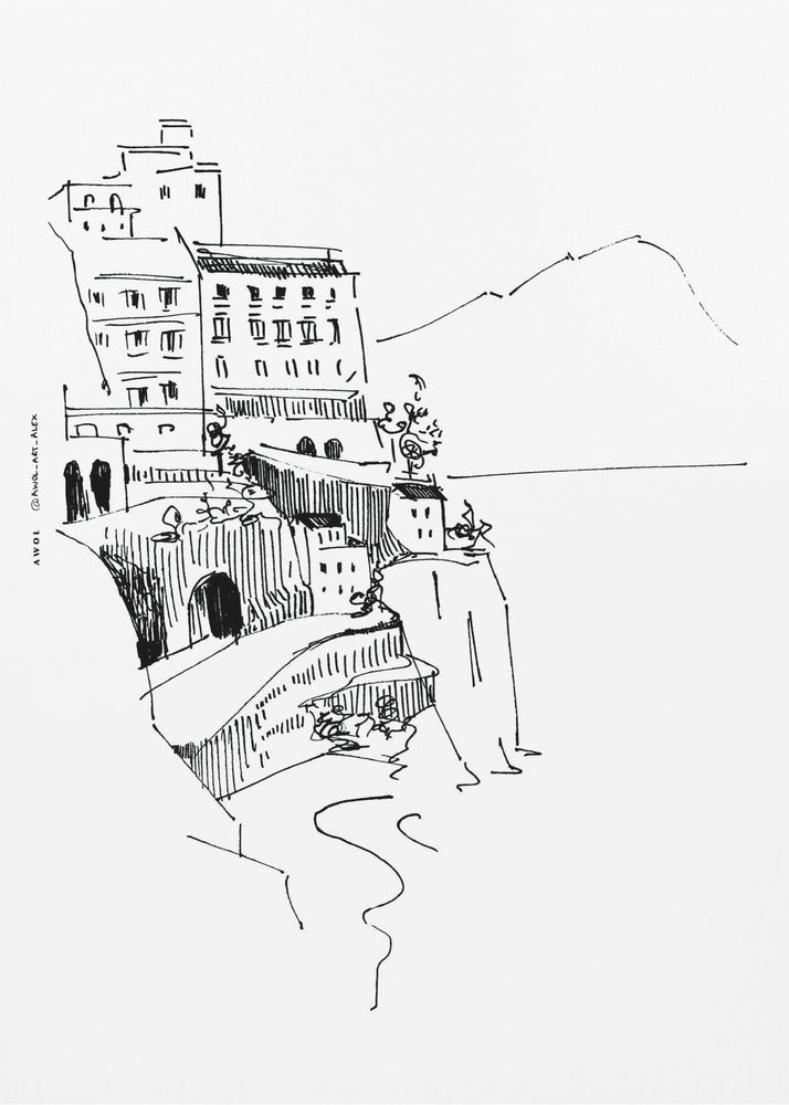 Arte paisajístico italiano, pequeños pueblos de la costa de Amalfi junto al mar | Impresiones en Lienzo