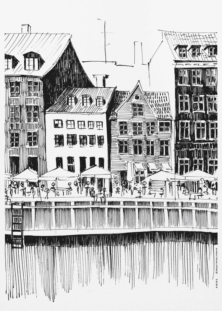 Københavns kunsttryk, Danmark rejseillustration med caféer på vandet | Lærredsbilleder