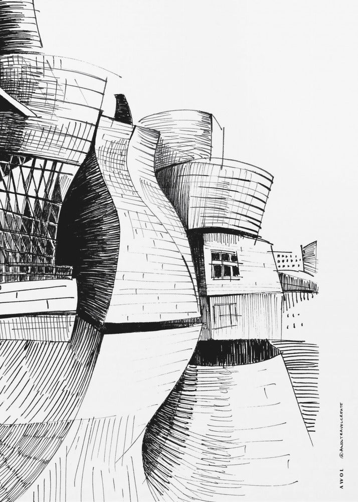 Bilbao Guggenheim-bygningen, moderne arkitekturtegning | Lærredsbilleder