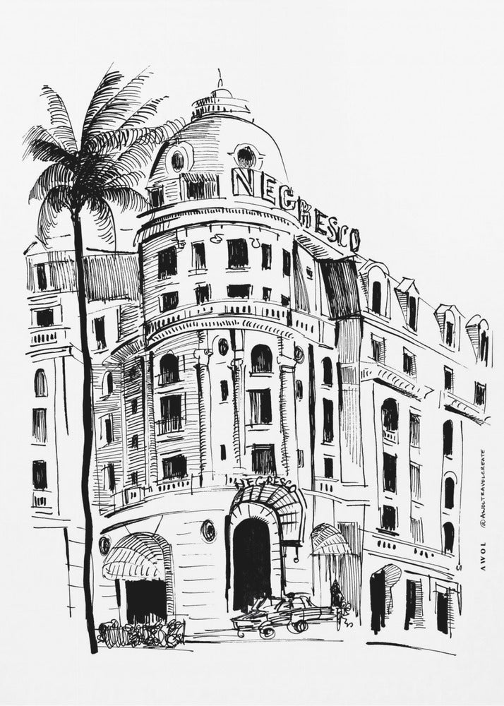 Nice, Lazurowe Wybrzeże, wydruk artystyczny z rysunkiem architektonicznym hotelu Negresco | Wydruki na łótnie