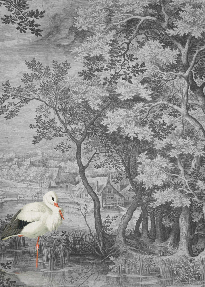 Vintagelandskap med stork | Poster
