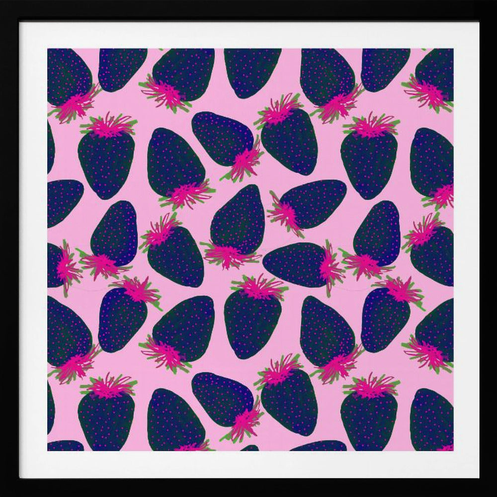 Erdbeeren Obst Marineblau Pink auf Pink | Poster - Kunstdruck