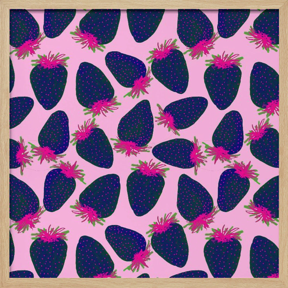 Erdbeeren Obst Marineblau Pink auf Pink | Poster - Kunstdruck