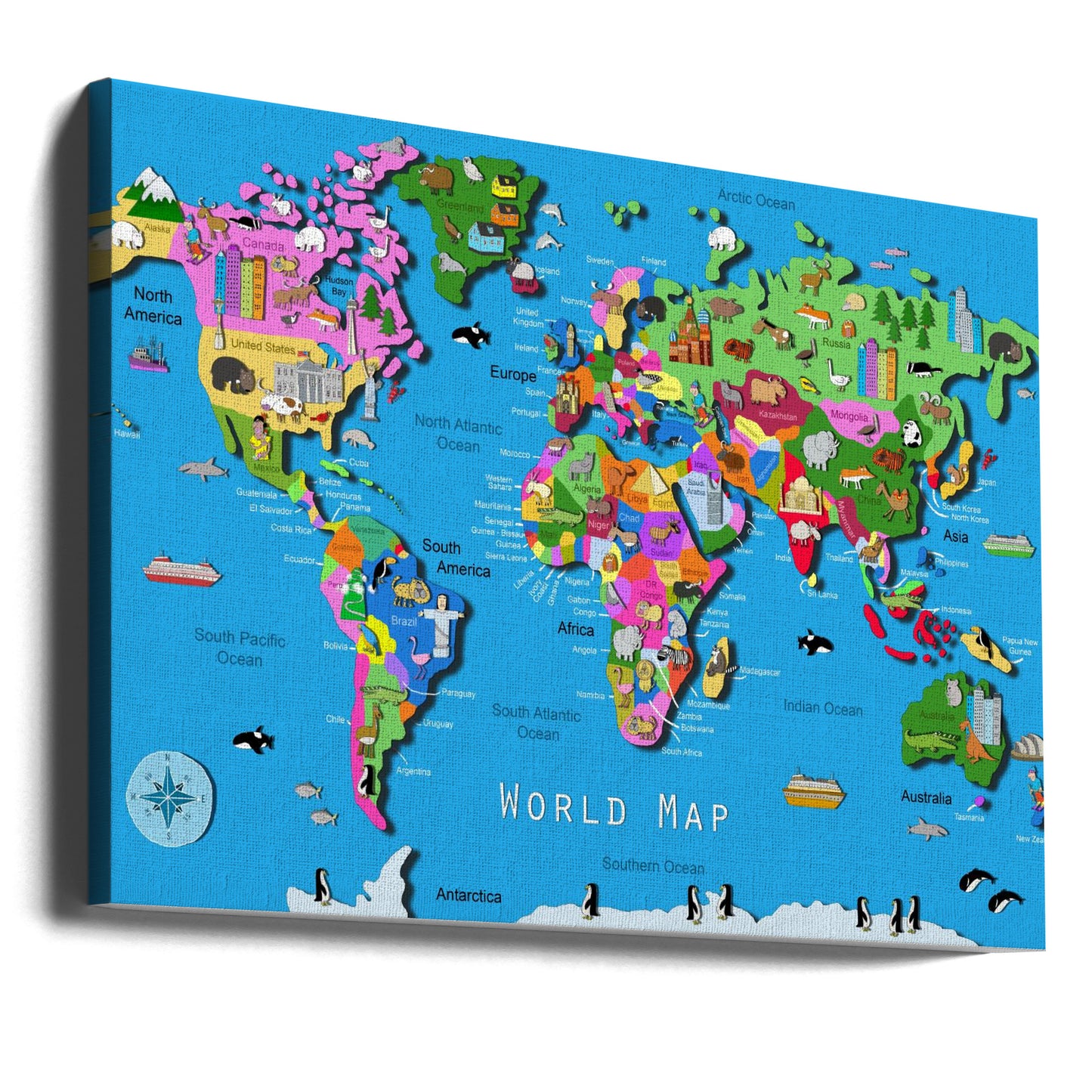 Mapa mundial ilustrado con países y continentes por Carla Daly | Impresiones en Lienzo