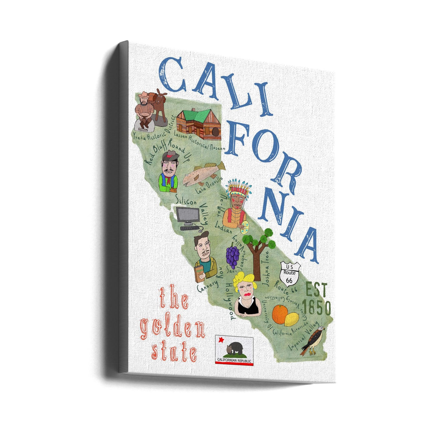 Mapa ilustrado de California con iconos estatales por Carla Daly | Impresiones en Lienzo