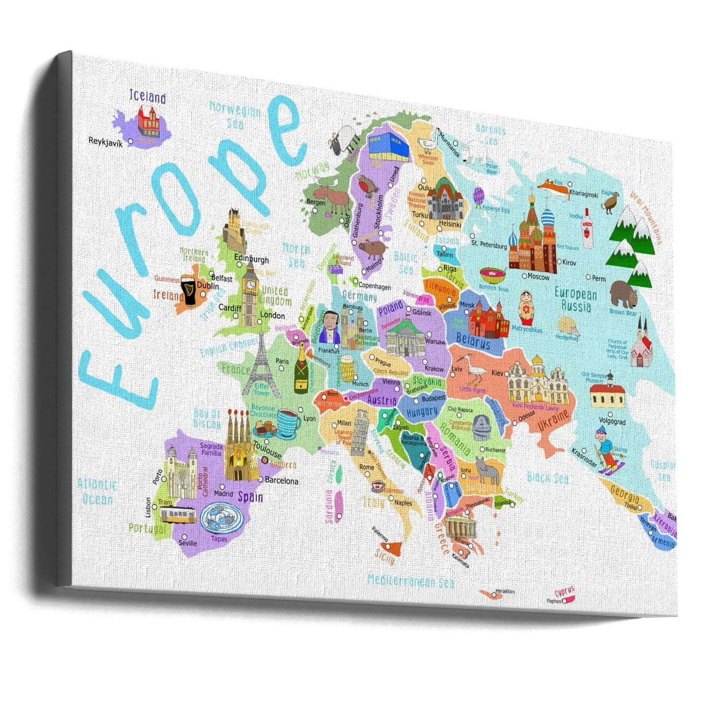 Mapa ilustrado de Europa por la ilustradora de mapas Carla Daly | Impresiones en Lienzo