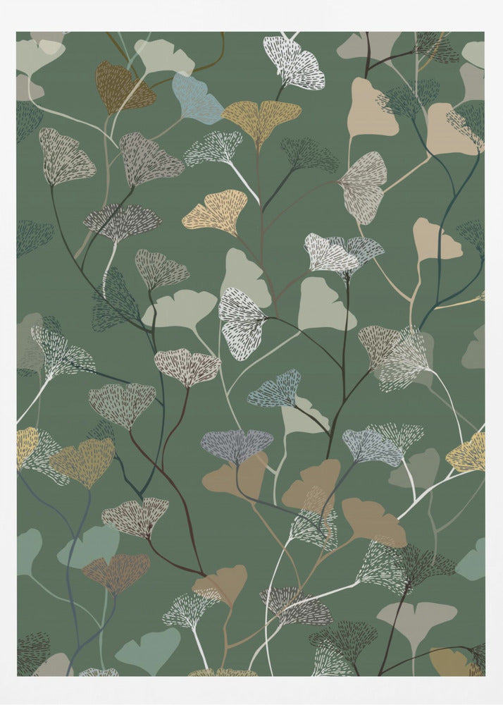 Ginkgo Leaves moss green pattern | Poster
