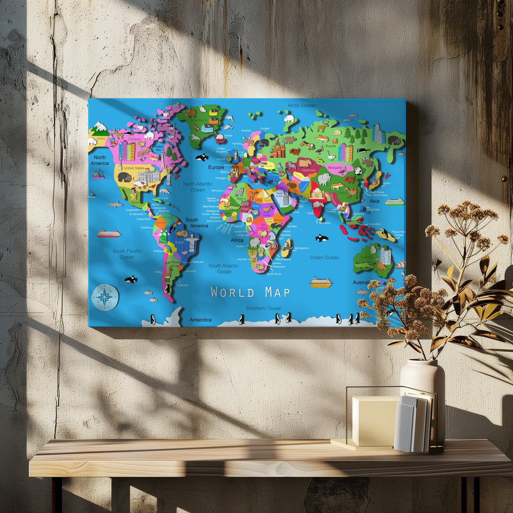Mapa mundial ilustrado con países y continentes por Carla Daly | Impresiones en Lienzo