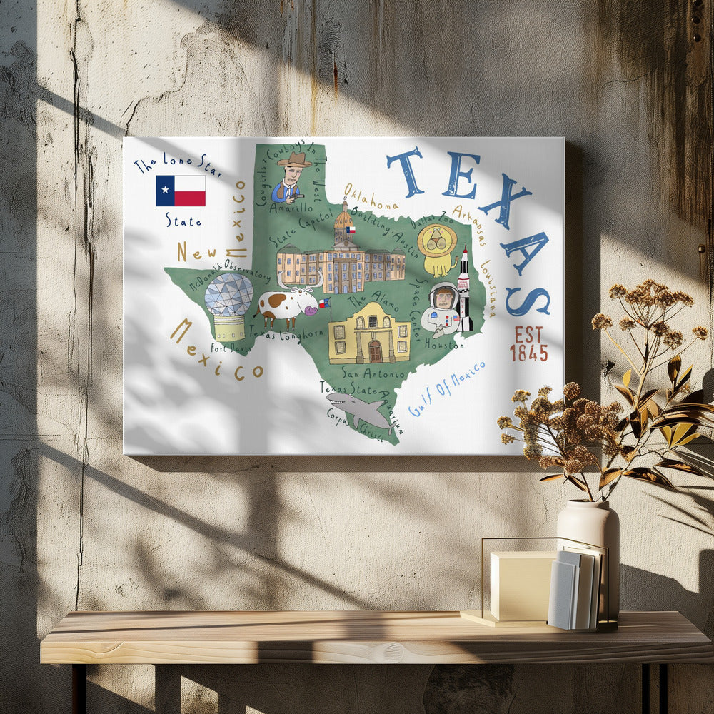 Mapa del estado de Texas ilustrado por la artista Carla Daly | Impresiones en Lienzo