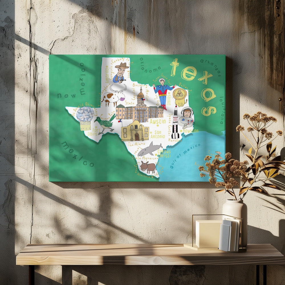 Ilustración del mapa del estado de Texas por la artista de mapas Carla Daly | Impresiones en Lienzo