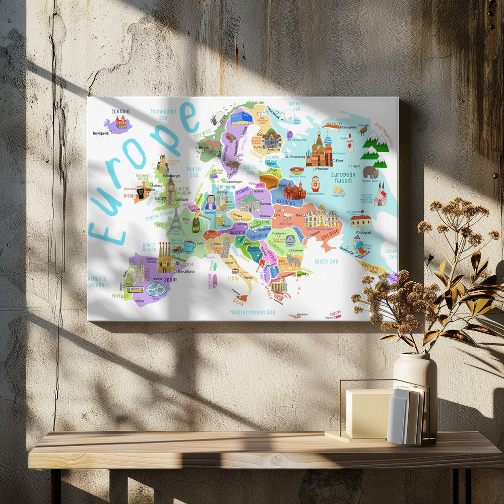 Mapa ilustrado de Europa por la ilustradora de mapas Carla Daly | Impresiones en Lienzo