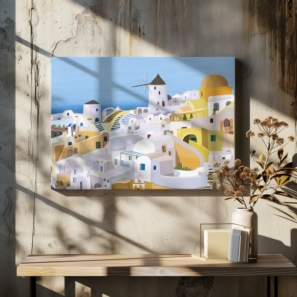 Santorini, edificios griegos amarillos y blancos de la artista Carla Daly | Impresiones en Lienzo