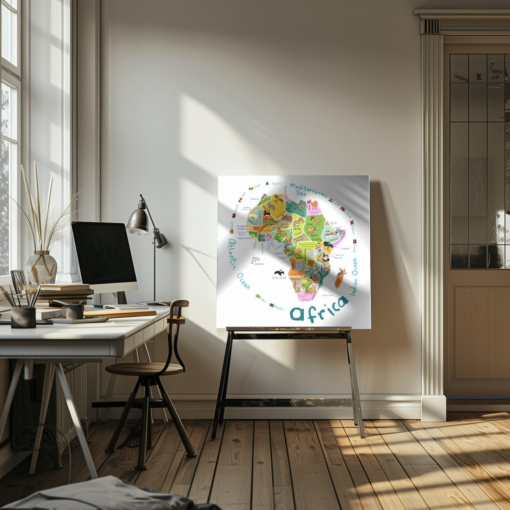 Ilustrowana mapa Afryki z krajami i uroczymi zwierzętami autorstwa Carli Daly | Wydruki na łótnie