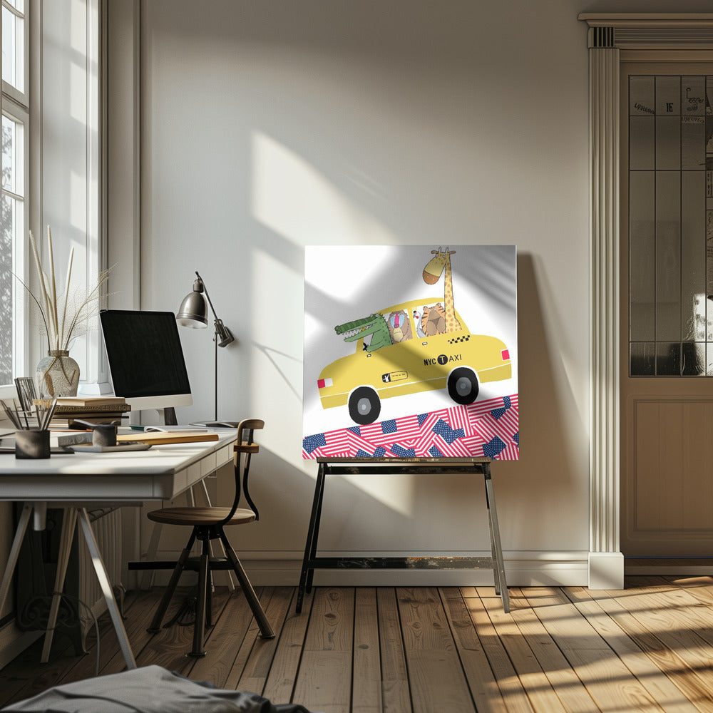 Animali divertenti in un taxi giallo di New York, opera dell'artista Carla Daly | Stampe su Tela