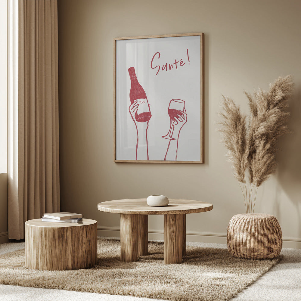 Hands holding a wine bottle and a wine glass with the text &quot;Cheers!&quot; in French | Poster