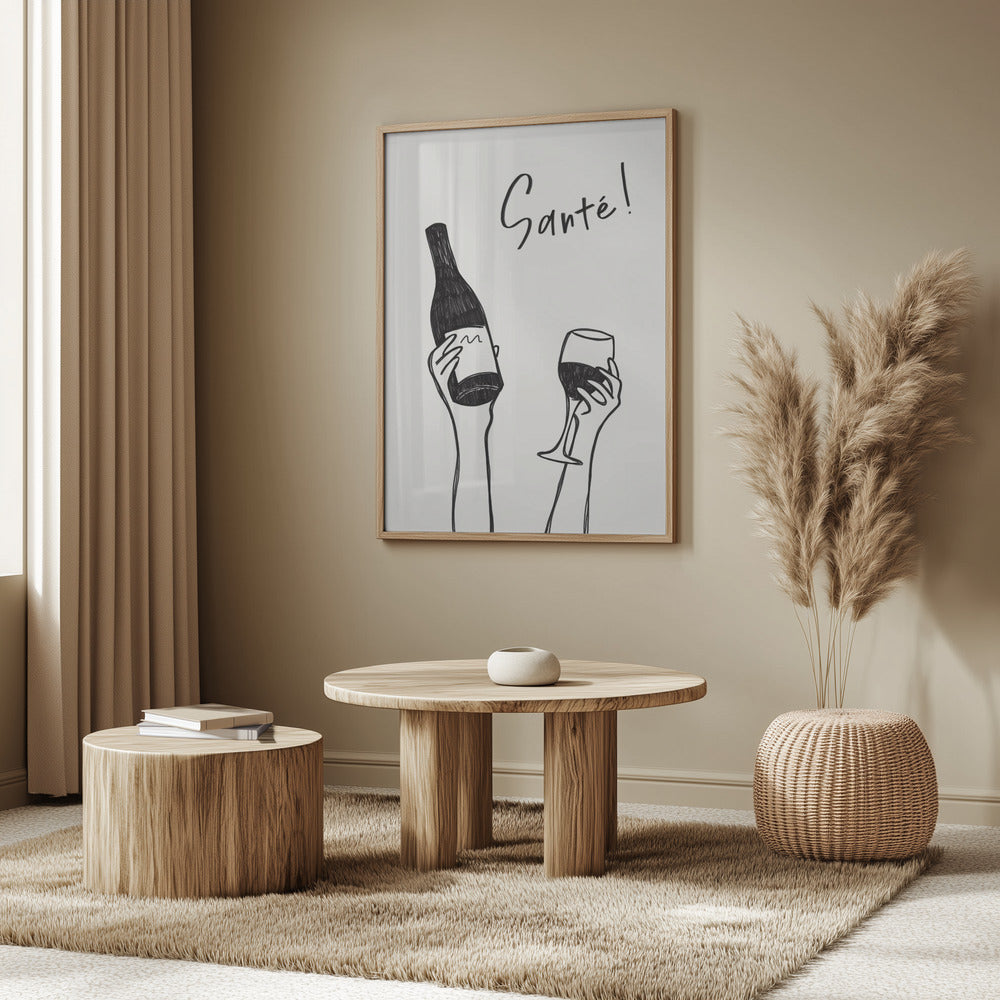 Hands holding a wine bottle and a wine glass with the text &quot;Cheers!&quot; in French | Poster