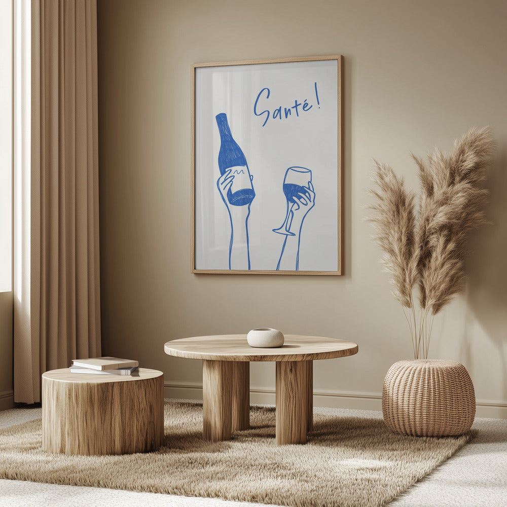 Hands holding a wine bottle and a wine glass with the text &quot;Cheers!&quot; in French | Poster