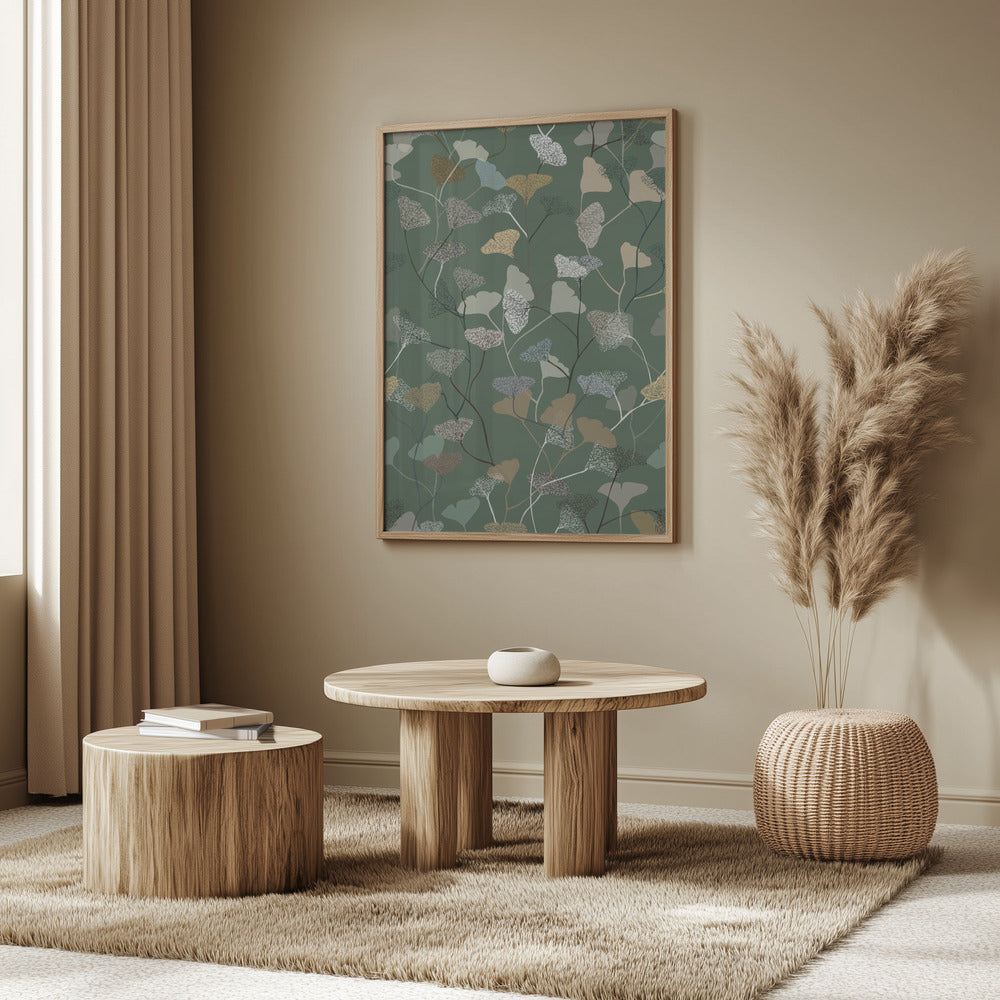 Ginkgo Leaves moss green pattern | Poster