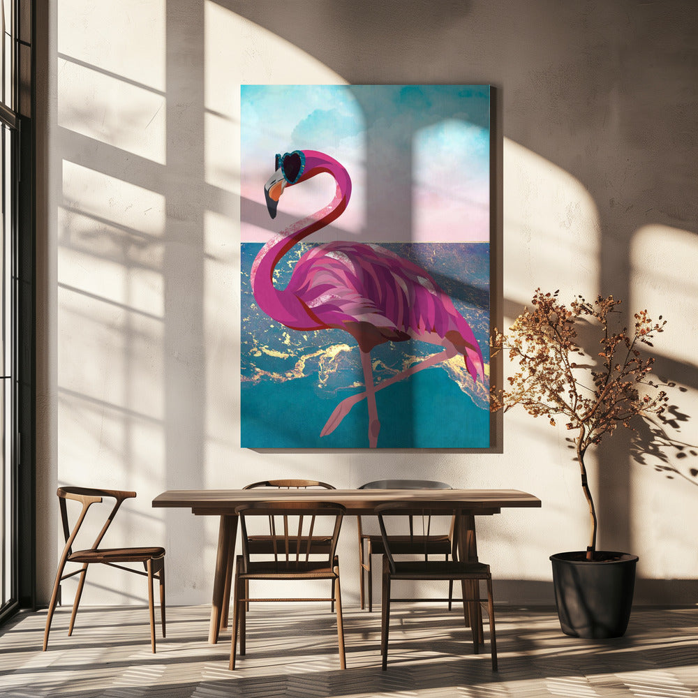 Flamingo gaat naar het strand | Canvasprints