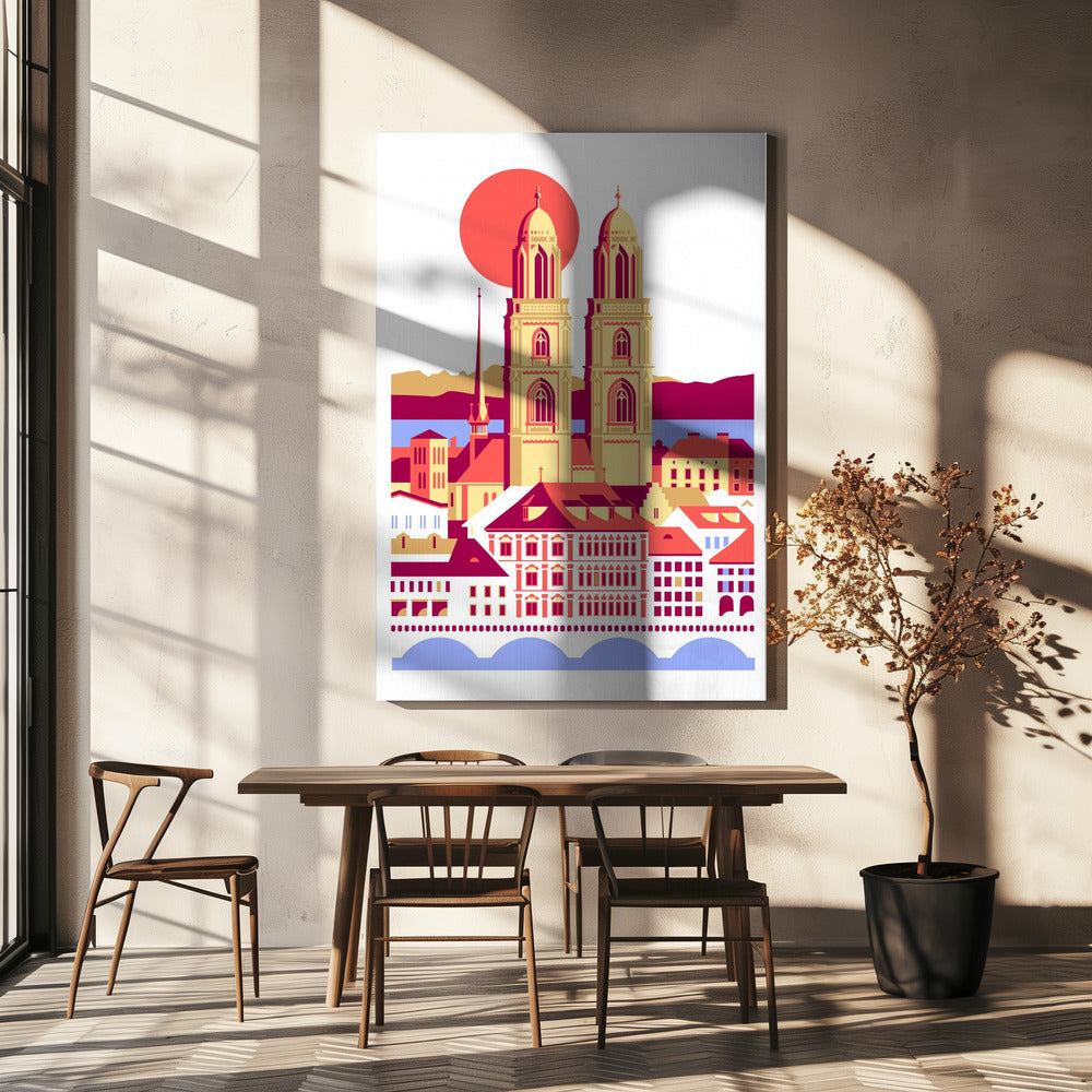 Ciudad de Zúrich, Suiza. Montañas suizas de verano. Ilustración de la ciudad. Vintage. Posters  - Impresiones de Arte | Impresiones en Lienzo