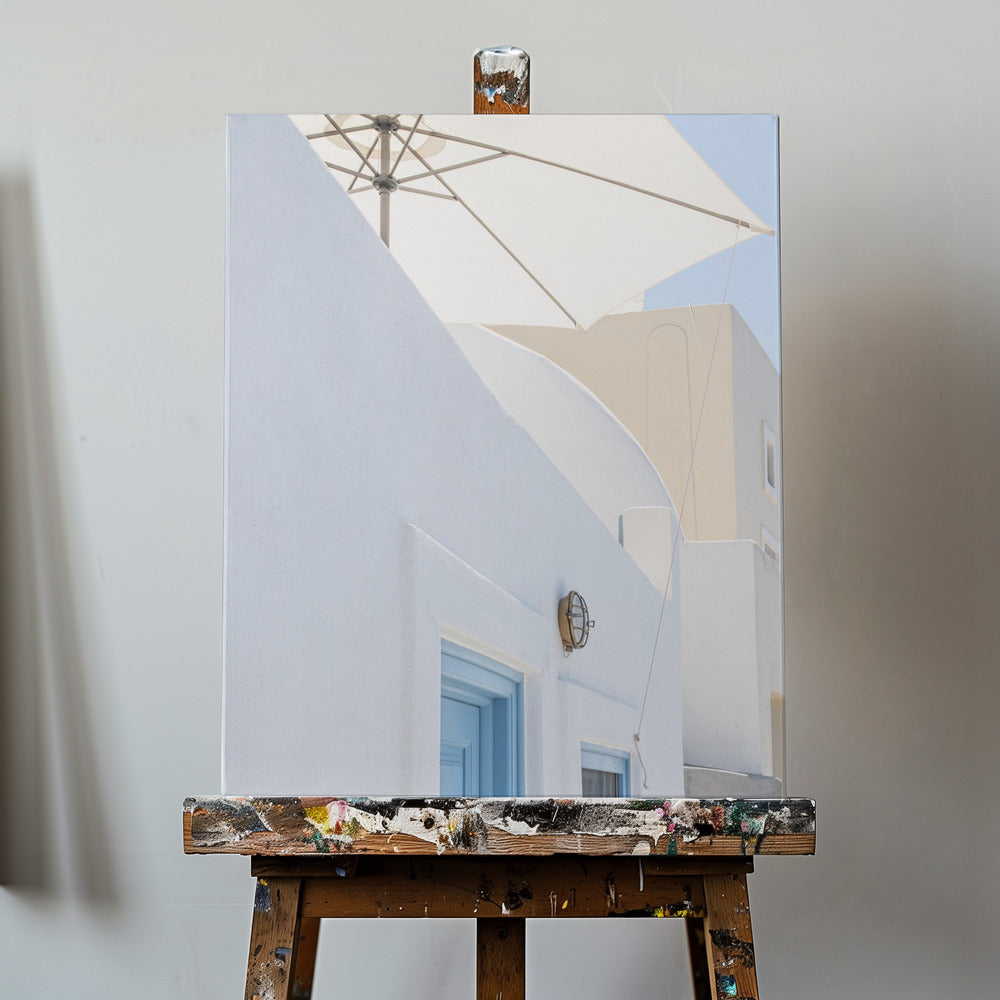 zonnescherm en blauwe deuren | Canvasprints