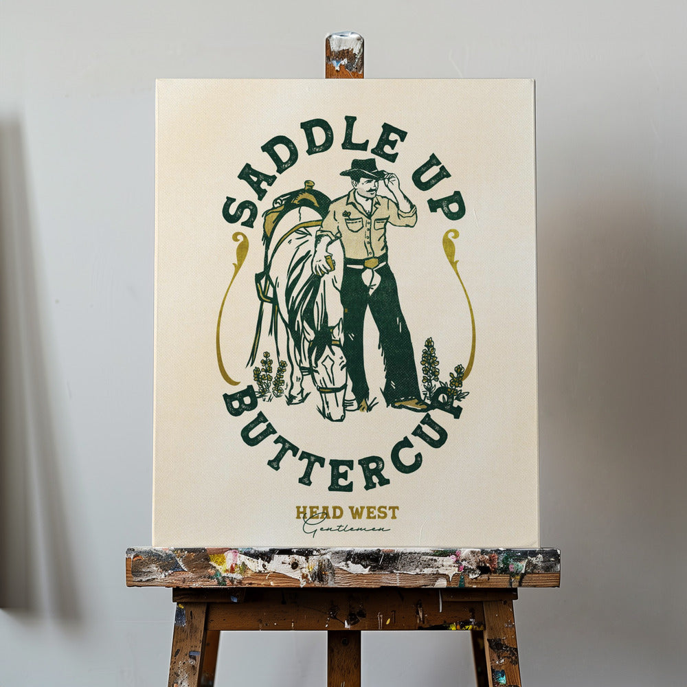 Impresión artística de vaquero y caballo con buttercup ensillado | Impresiones en Lienzo