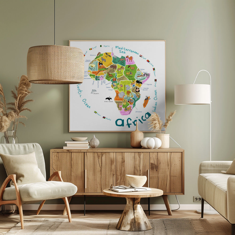 Ilustrowana mapa Afryki z krajami i uroczymi zwierzętami autorstwa Carli Daly | Wydruki na łótnie