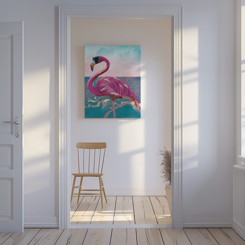 Flamingo gaat naar het strand | Canvasprints