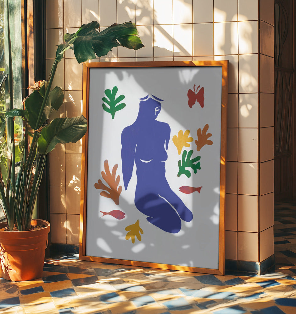 Blue Silhouette of a Kneeling Figure | Poster