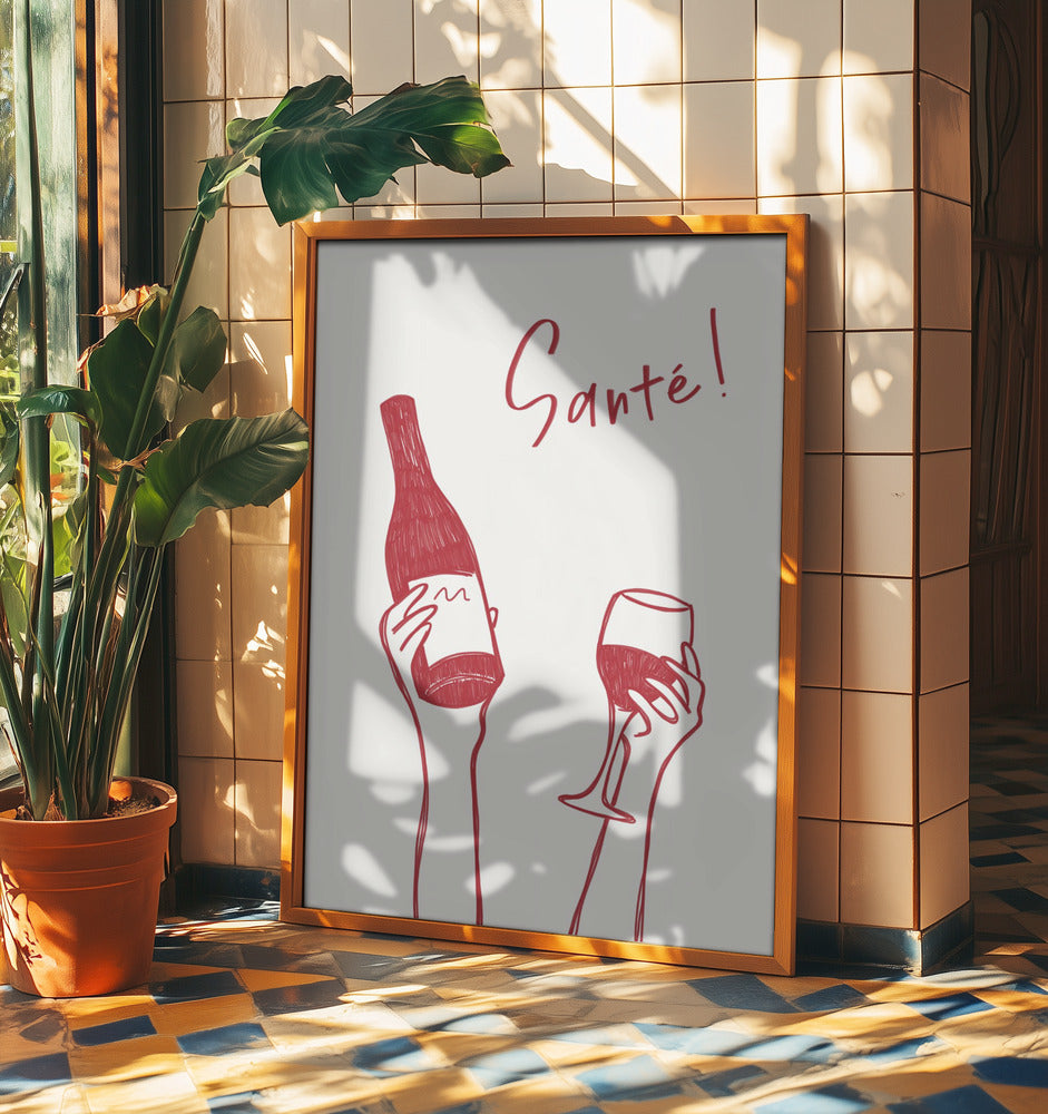 Hands holding a wine bottle and a wine glass with the text &quot;Cheers!&quot; in French | Poster