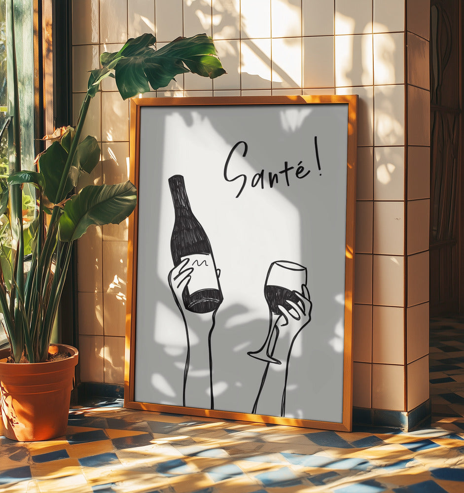 Hands holding a wine bottle and a wine glass with the text &quot;Cheers!&quot; in French | Poster