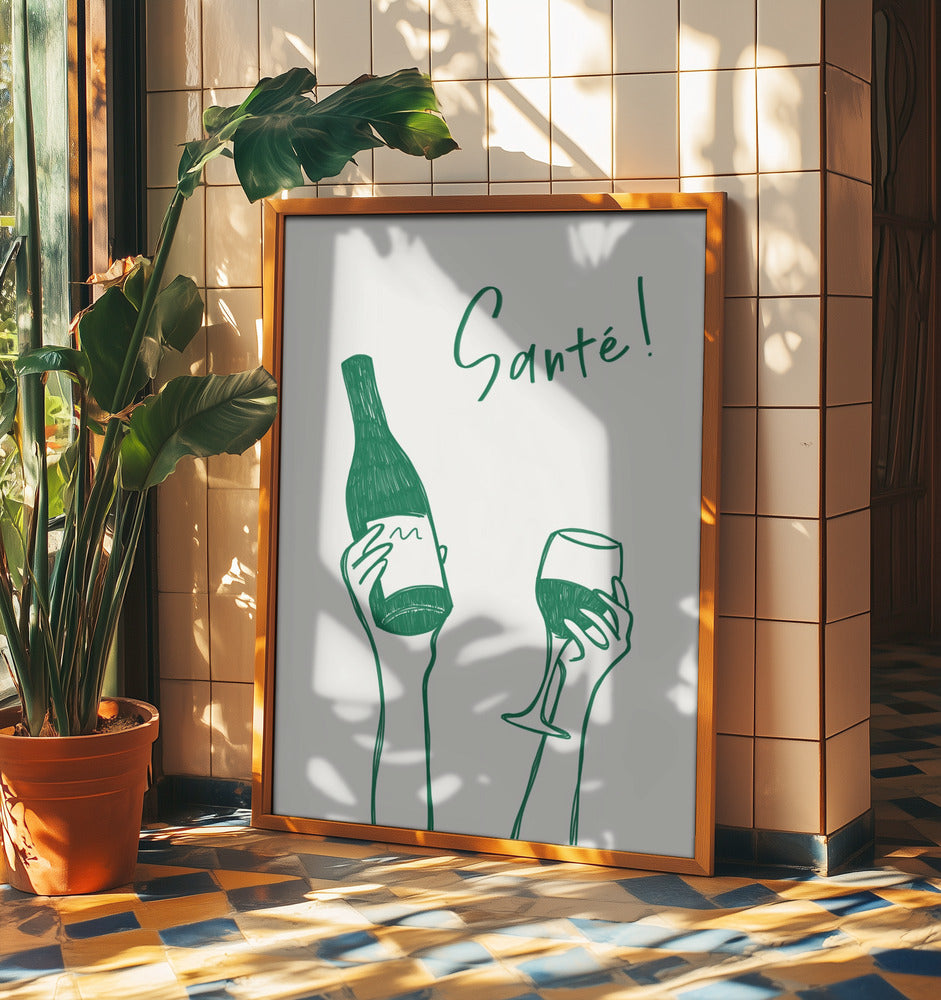 Hands holding a wine bottle and a wine glass with the text &quot;Cheers!&quot; in French | Poster