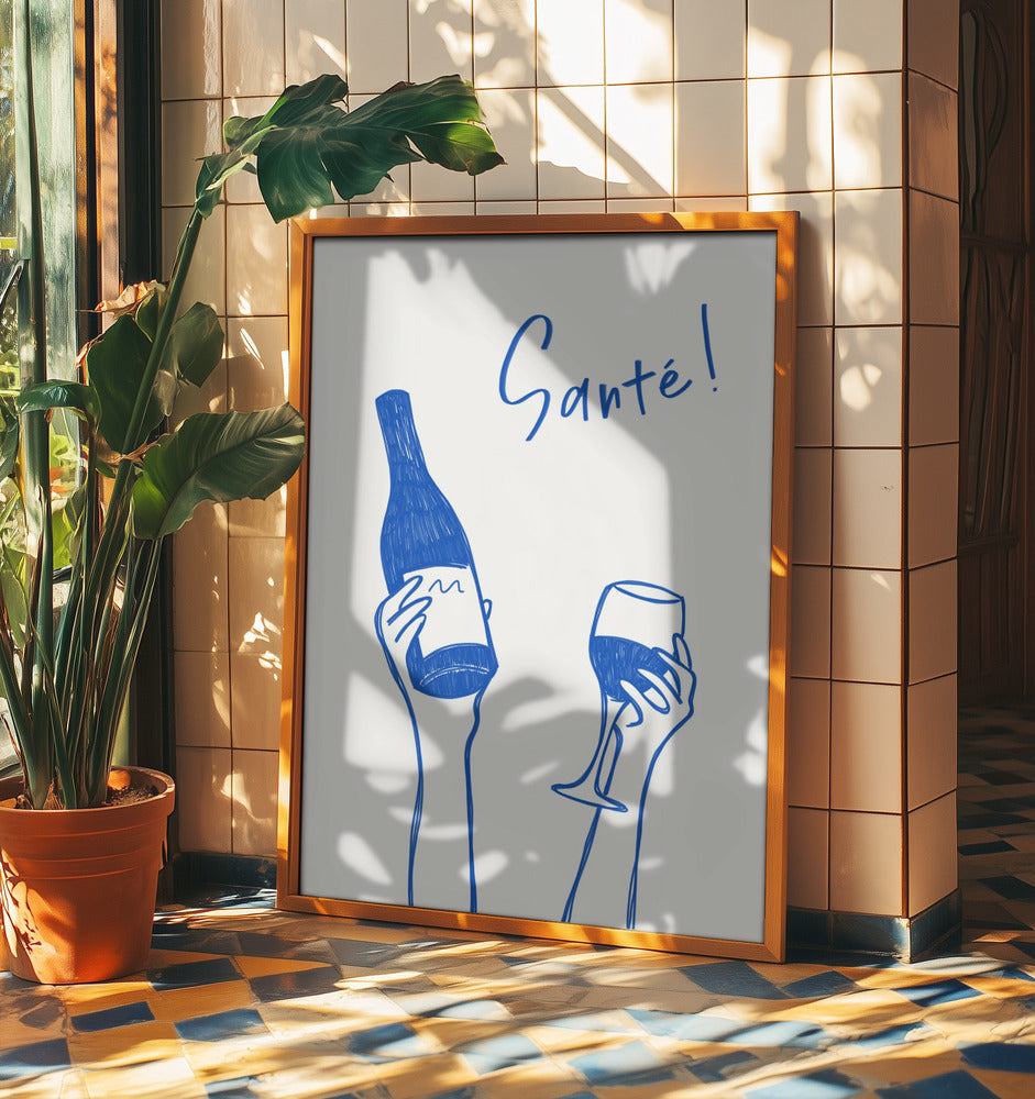 Hands holding a wine bottle and a wine glass with the text &quot;Cheers!&quot; in French | Poster