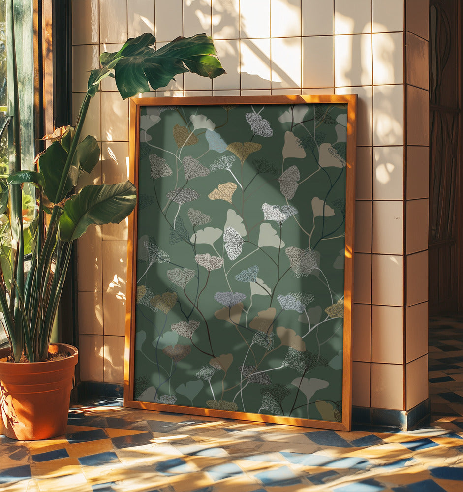 Ginkgo Leaves moss green pattern | Poster