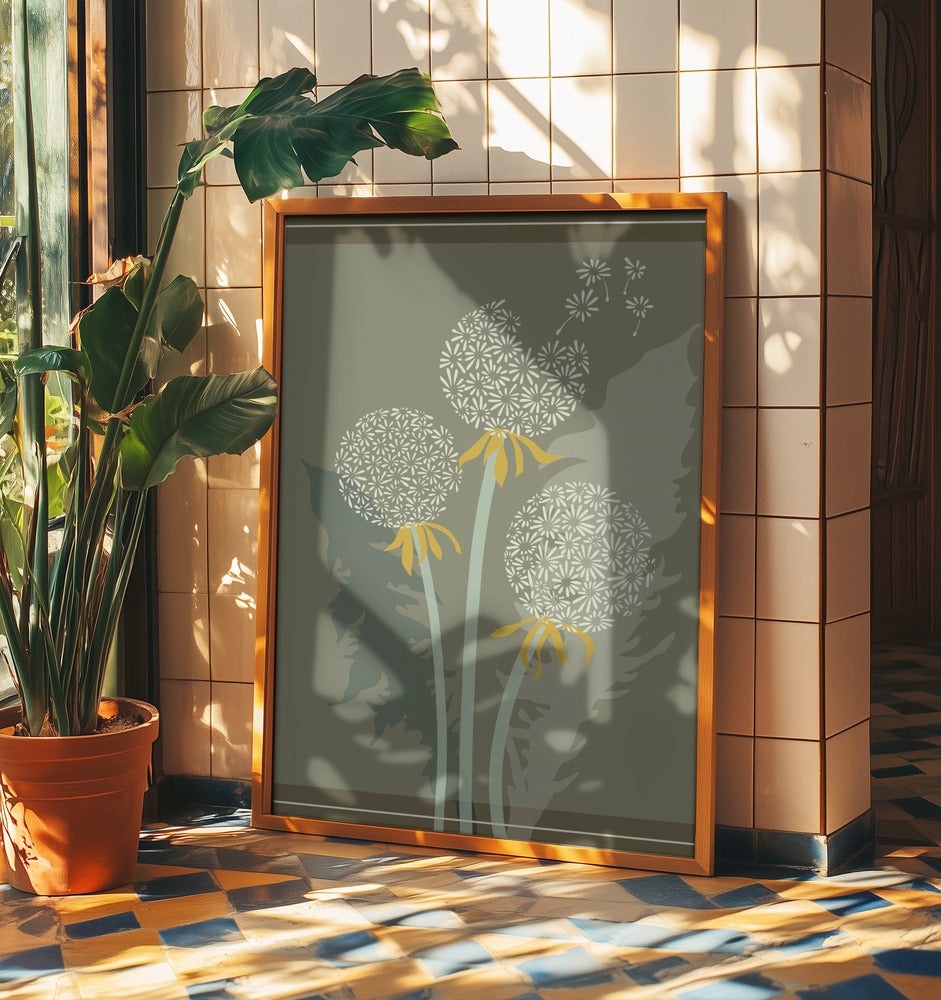 mellow anticipation Dandelion seeds moss green | Poster