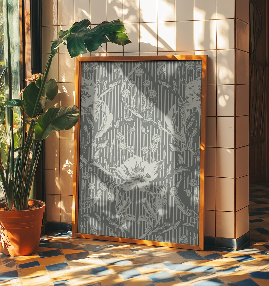 Floral Heritage Morris monochrome stripes grey pattern | Poster