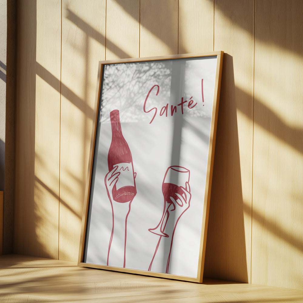 Hands holding a wine bottle and a wine glass with the text &quot;Cheers!&quot; in French | Poster