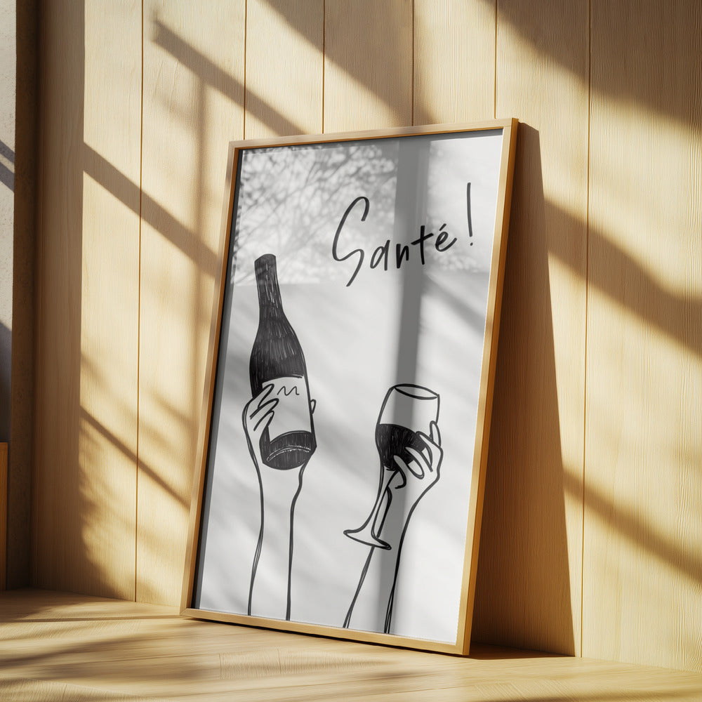 Hands holding a wine bottle and a wine glass with the text &quot;Cheers!&quot; in French | Poster