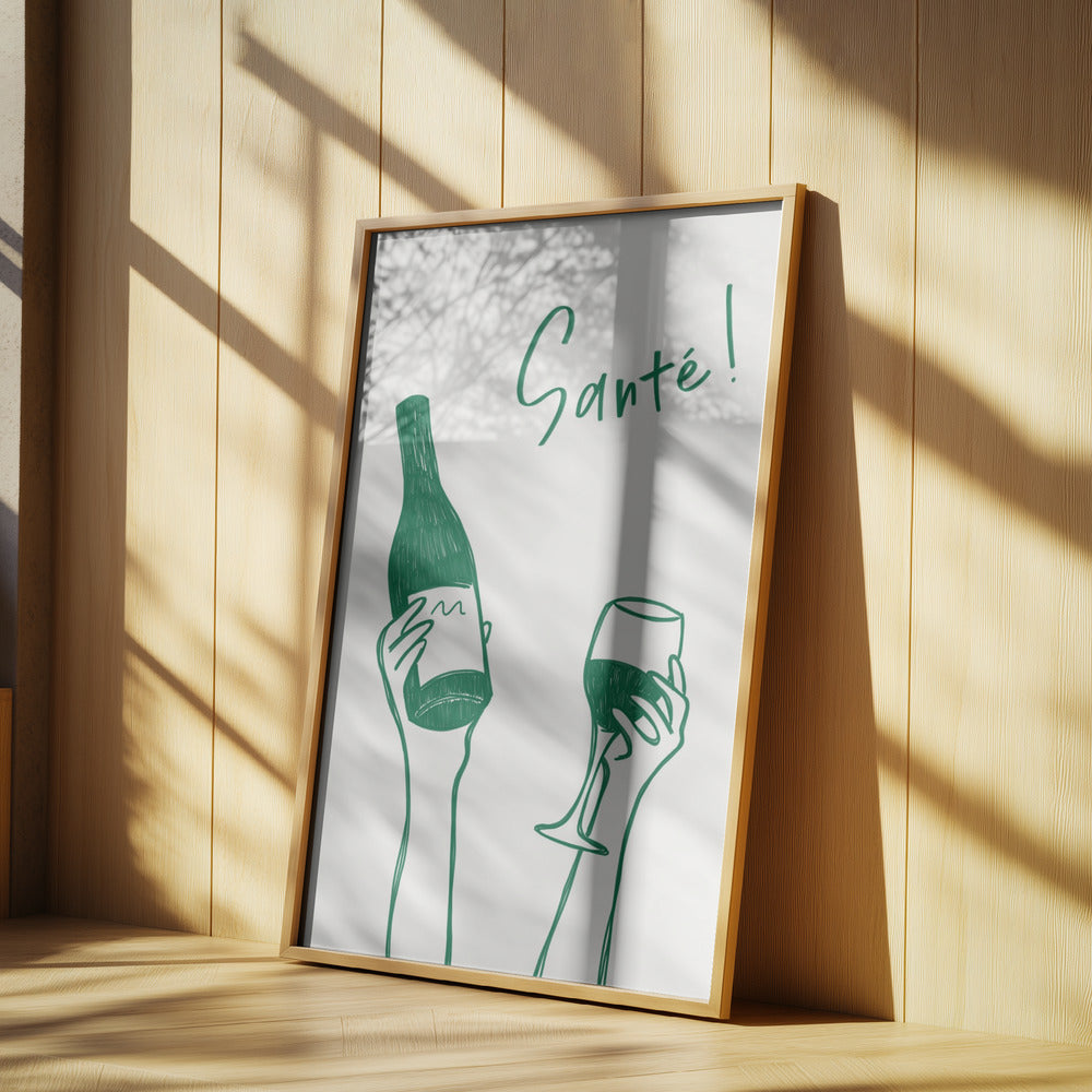 Hands holding a wine bottle and a wine glass with the text &quot;Cheers!&quot; in French | Poster