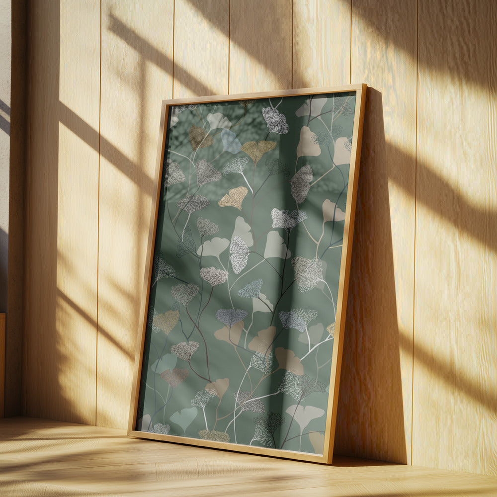 Ginkgo Leaves moss green pattern | Poster