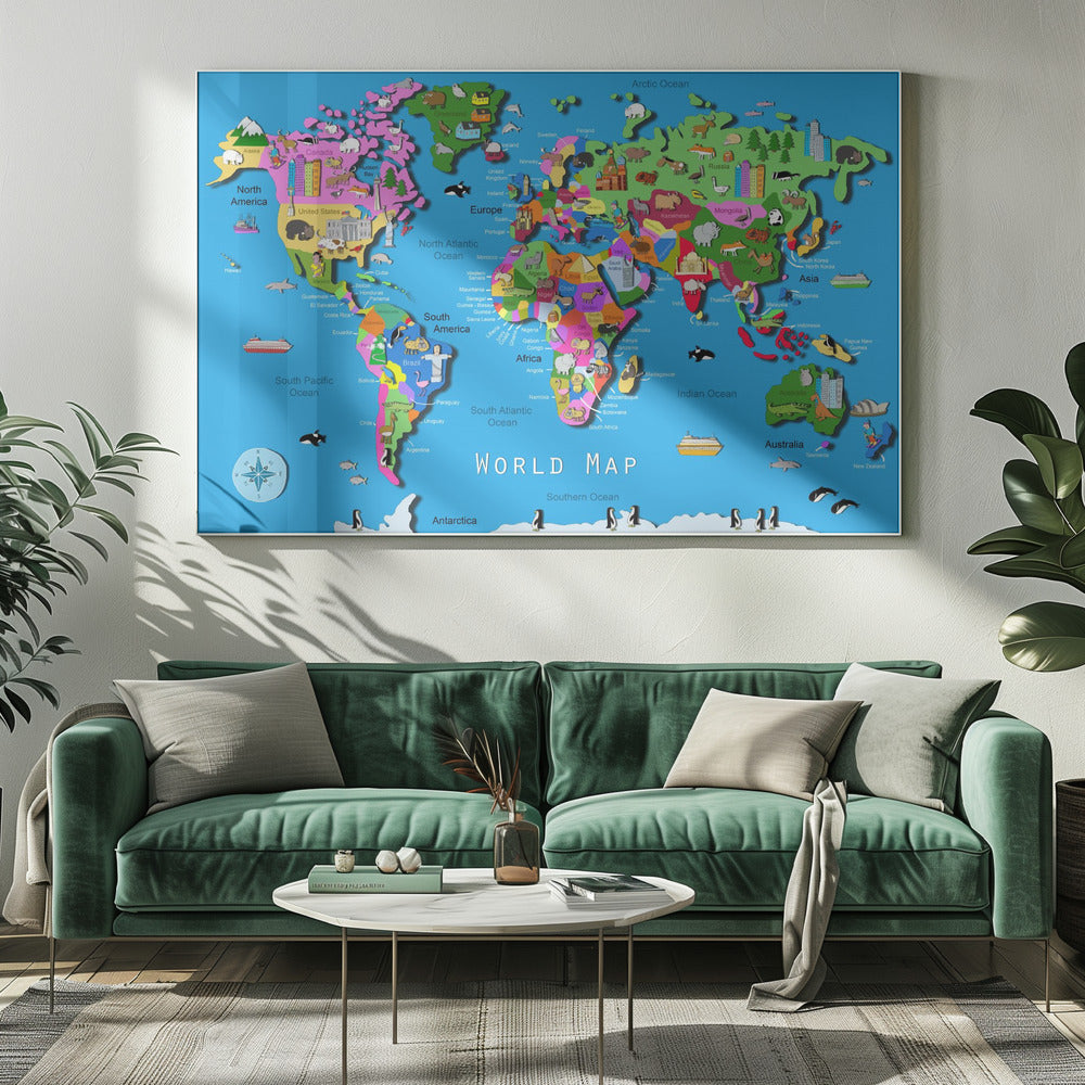 Mapa mundial ilustrado con países y continentes por Carla Daly | Impresiones en Lienzo
