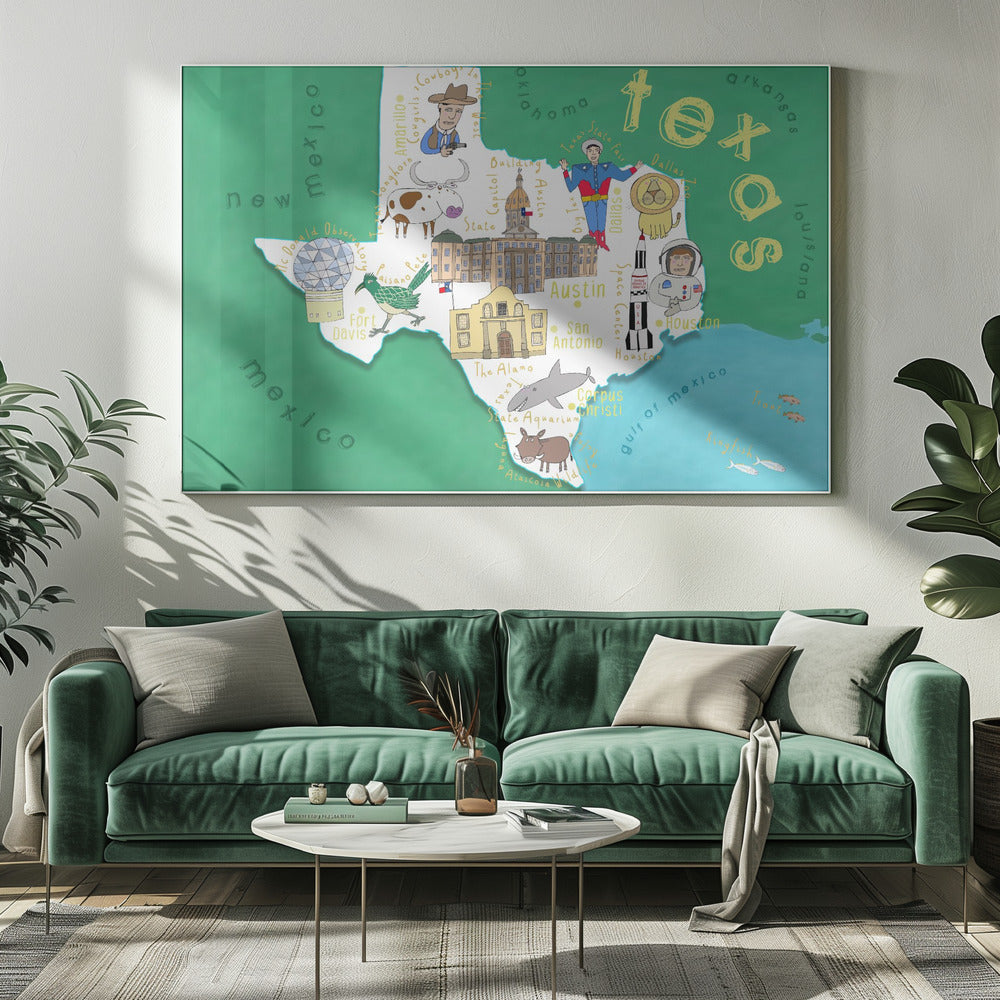 Ilustración del mapa del estado de Texas por la artista de mapas Carla Daly | Impresiones en Lienzo