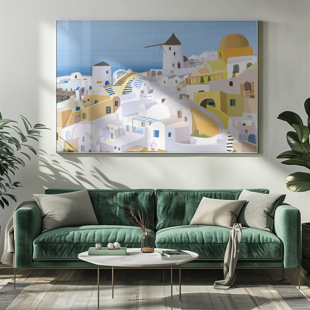Santorini, edificios griegos amarillos y blancos de la artista Carla Daly | Impresiones en Lienzo
