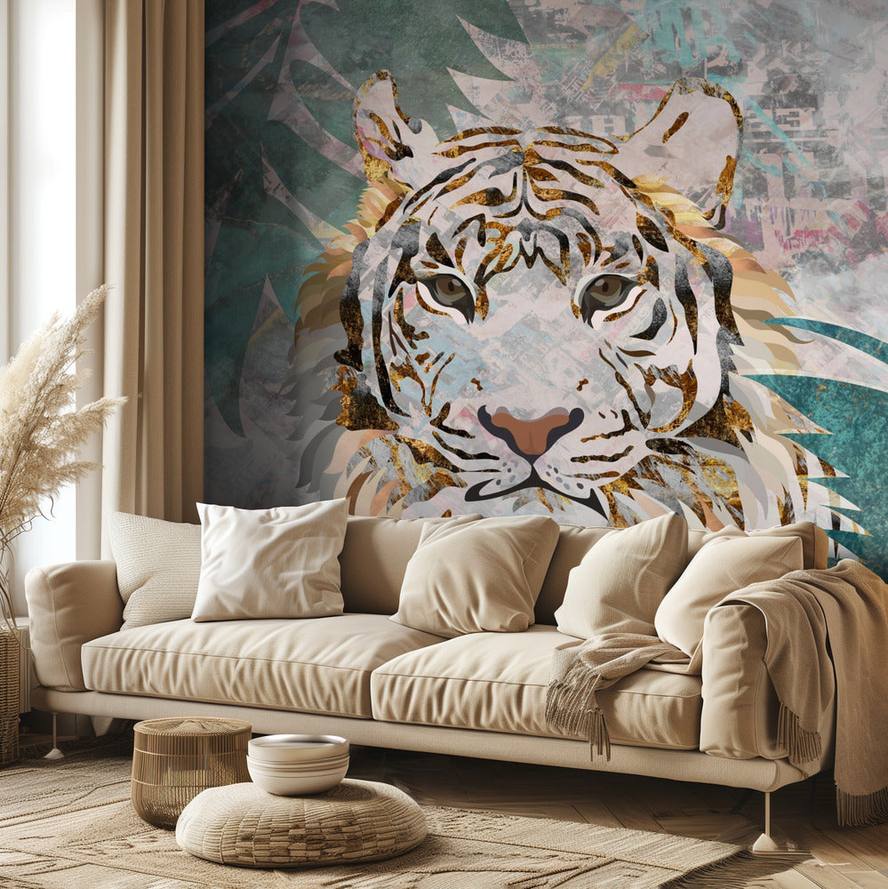 Mural de pared de palmera tropical con diseño de tigre y grunge | Papel Pintado Fotográfico