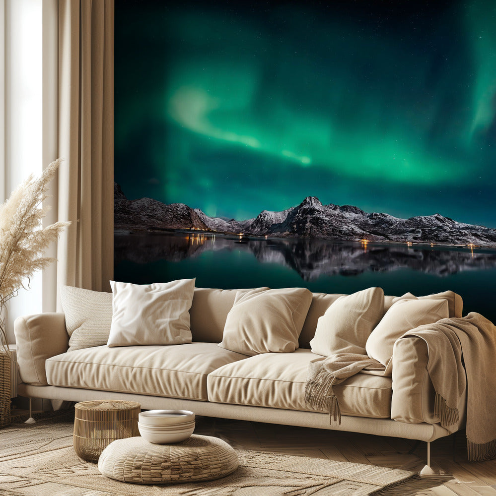Riflesso dell'aurora delle Lofoten | Carta da Parati Fotografica
